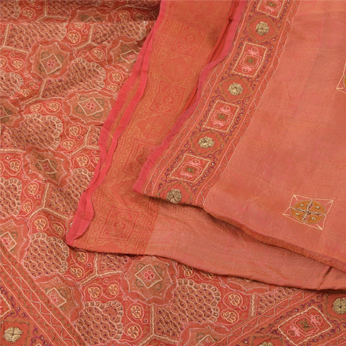 Sanskriti Vintage Peach Sarees Pure Silk Hand Beaded Premium Sari Craft Fabric