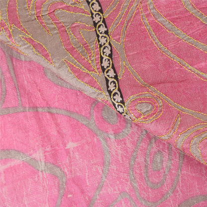 Sanskriti Vintage Pink/Gray Sarees Pure Silk Embroidered Ethnic Sari 5yd Fabric