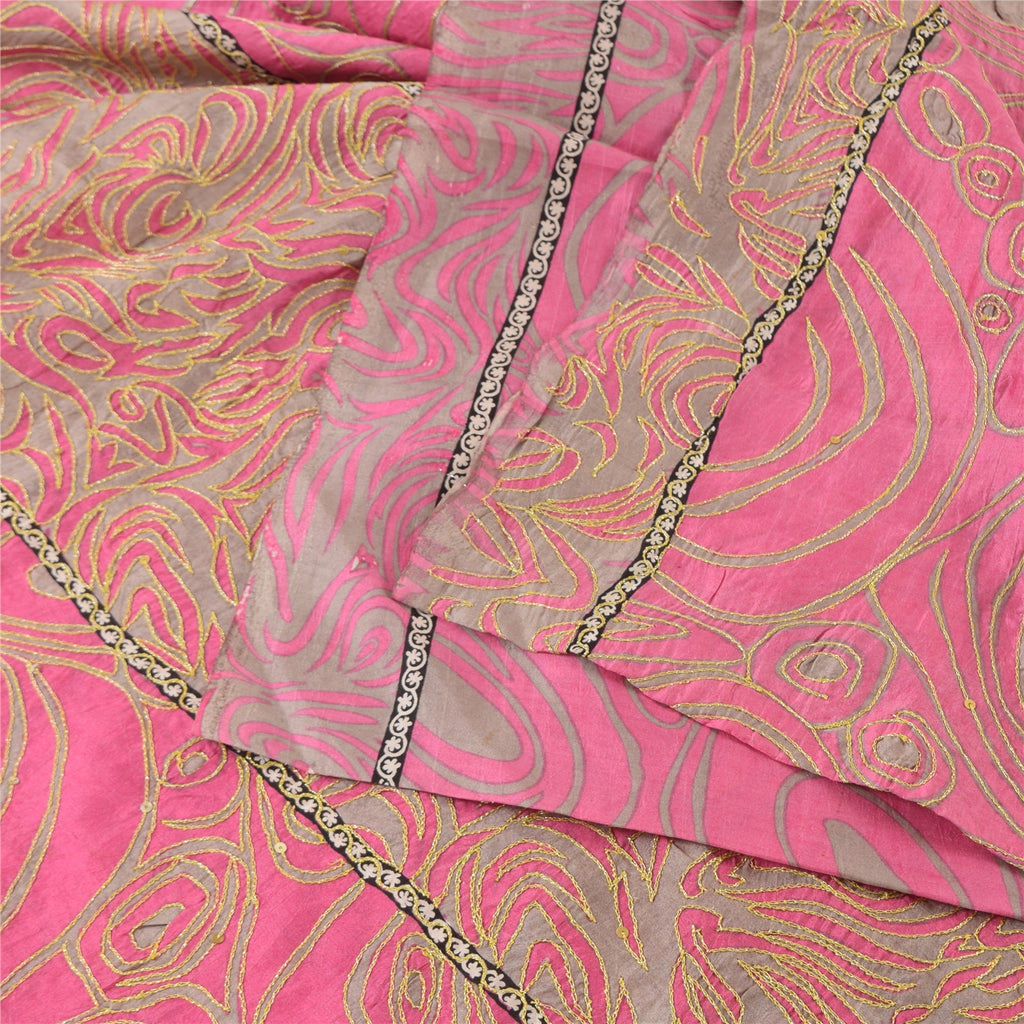 Sanskriti Vintage Pink/Gray Sarees Pure Silk Embroidered Ethnic Sari 5yd Fabric