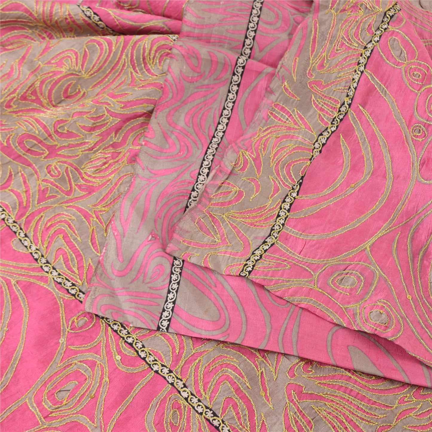 Sanskriti Vintage Pink/Gray Sarees Pure Silk Embroidered Ethnic Sari 5yd Fabric