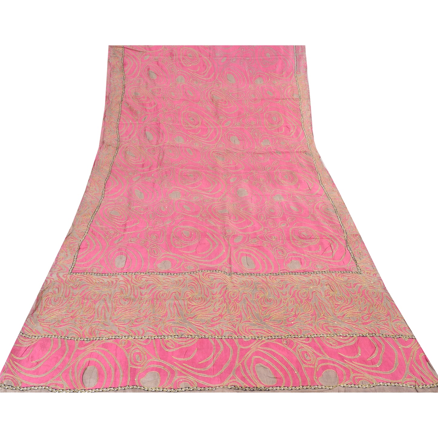 Sanskriti Vintage Pink/Gray Sarees Pure Silk Embroidered Ethnic Sari 5yd Fabric