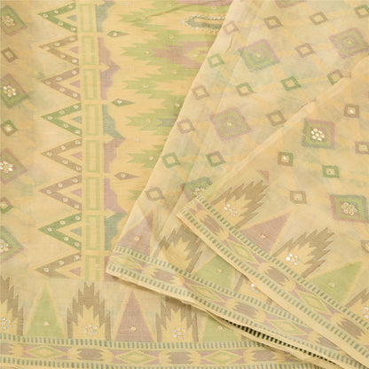 Sanskriti Vintage Ivory Sarees Pure Silk Hand Woven Ethnic Sari 5yd Craft Fabric