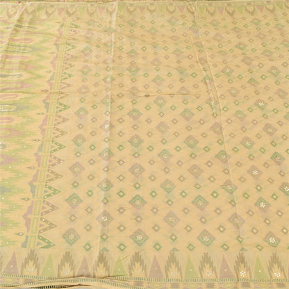 Sanskriti Vintage Ivory Sarees Pure Silk Hand Woven Ethnic Sari 5yd Craft Fabric