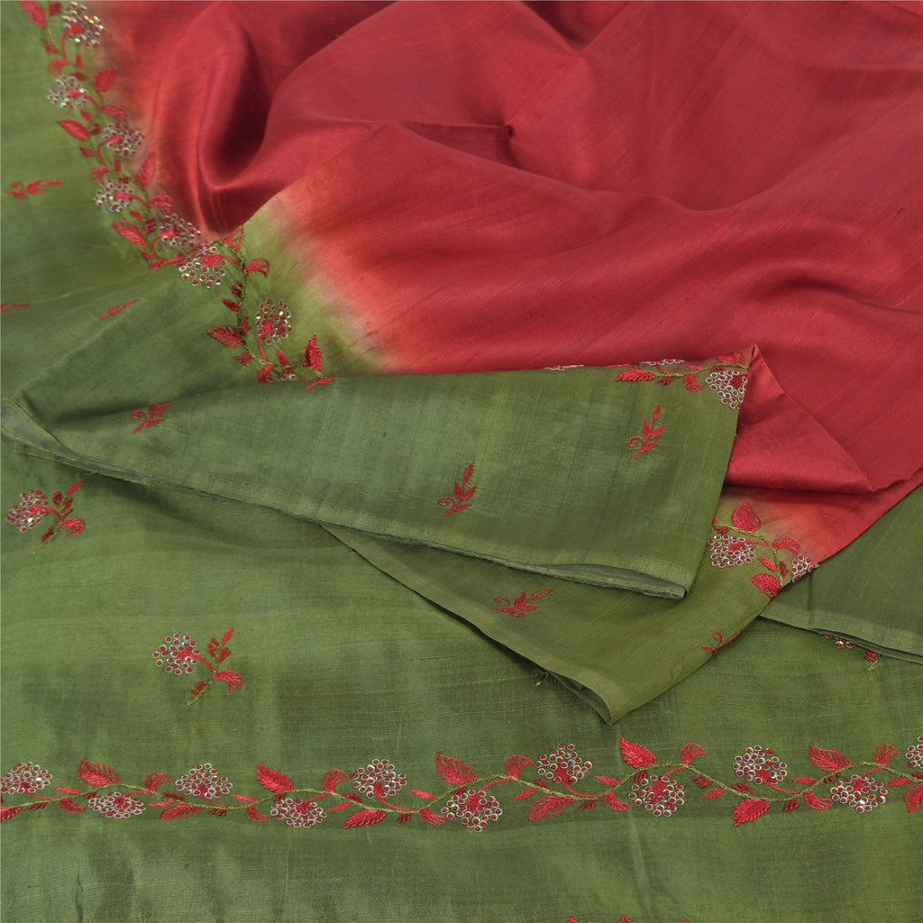 Sanskriti Vintage Green/Red Sarees Pure Silk Embroidered Premium Sari 5yd Fabric