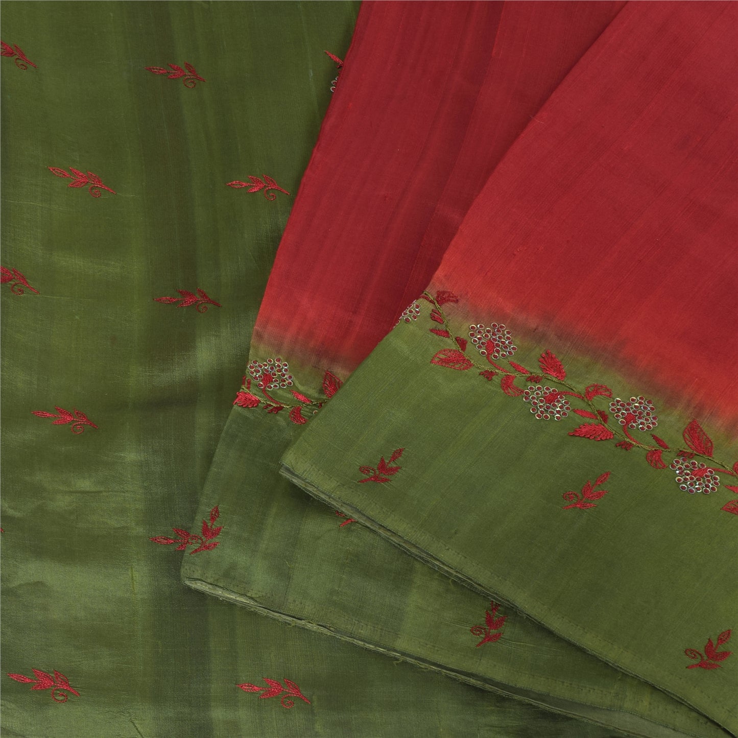 Sanskriti Vintage Green/Red Sarees Pure Silk Embroidered Premium Sari 5yd Fabric