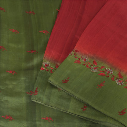 Sanskriti Vintage Green/Red Sarees Pure Silk Embroidered Premium Sari 5yd Fabric