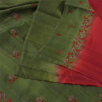 Sanskriti Vintage Green/Red Sarees Pure Silk Embroidered Premium Sari 5yd Fabric