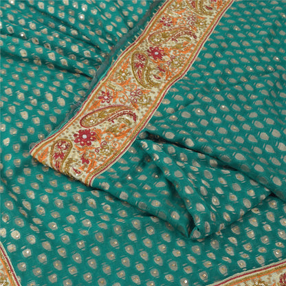 Sanskriti Vintage Blue Sarees Pure Georgette Hand Beaded Premium Sari 5yd Fabric