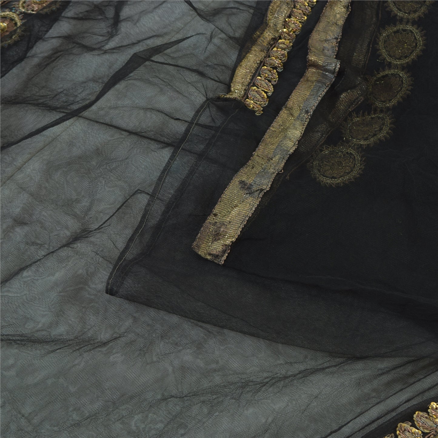 Sanskriti Vintage Black Sarees Net Mesh Hand Beaded Premium Sari 5ydCraft Fabric