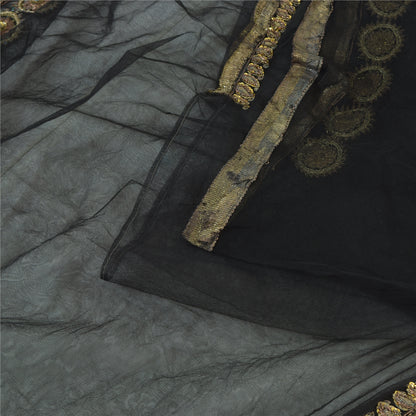 Sanskriti Vintage Black Sarees Net Mesh Hand Beaded Premium Sari 5ydCraft Fabric