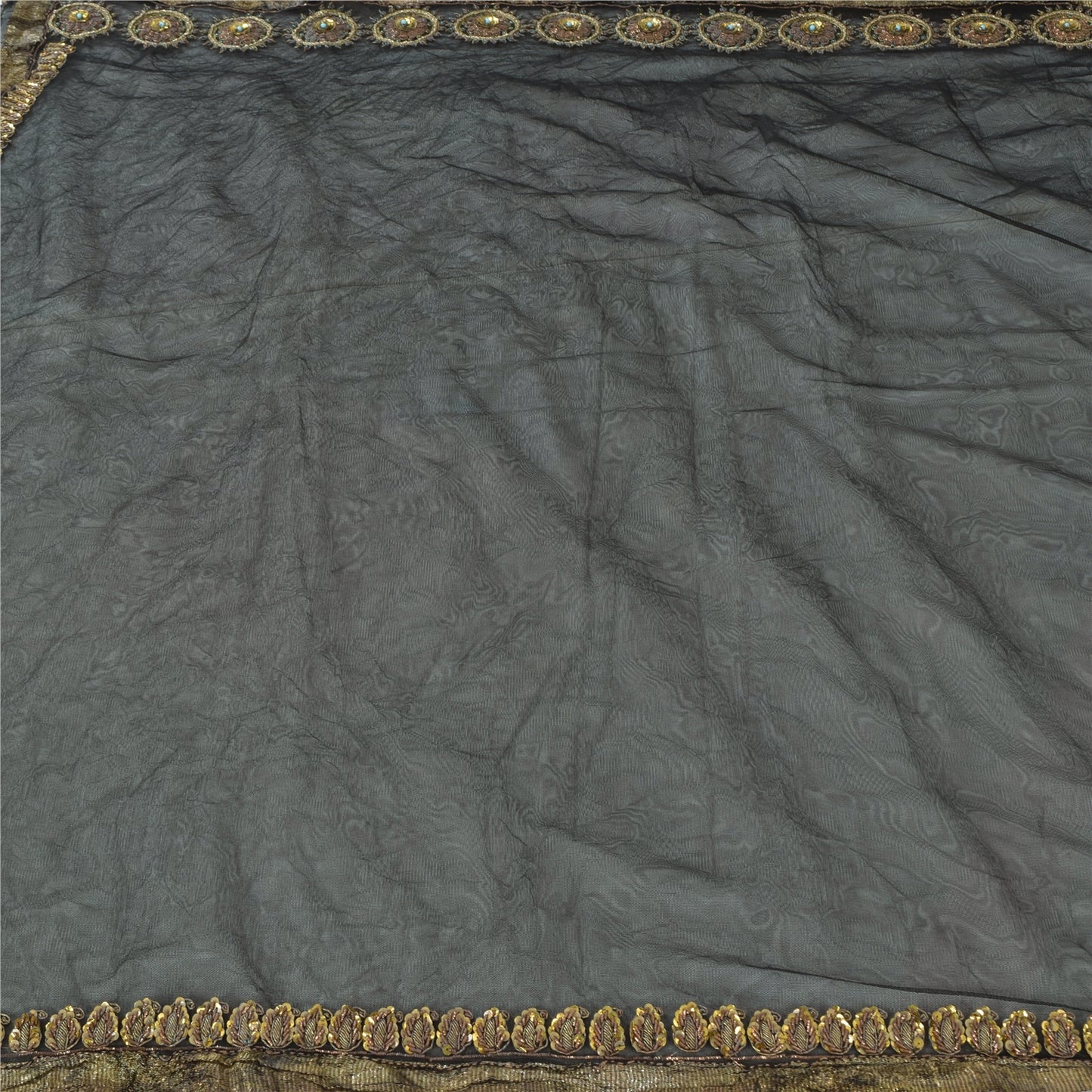 Sanskriti Vintage Black Sarees Net Mesh Hand Beaded Premium Sari 5ydCraft Fabric