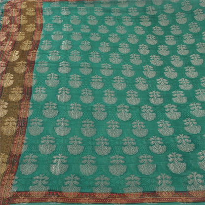 Sanskriti Vintage Sarees Green Hand Block/Woven Pure Georgette Silk Sari Fabric