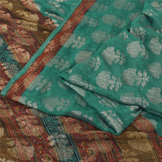 Sanskriti Vintage Sarees Green Hand Block/Woven Pure Georgette Silk Sari Fabric