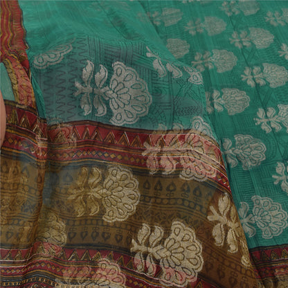 Sanskriti Vintage Sarees Green Hand Block/Woven Pure Georgette Silk Sari Fabric