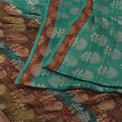 Sanskriti Vintage Sarees Green Hand Block/Woven Pure Georgette Silk Sari Fabric