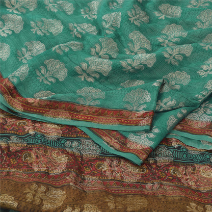 Sanskriti Vintage Sarees Green Hand Block/Woven Pure Georgette Silk Sari Fabric