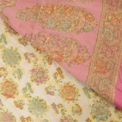 Sanskriti Vintage Sarees Cream/Pink Hand Beaded Woven Pure Silk Sari 6yd Fabric