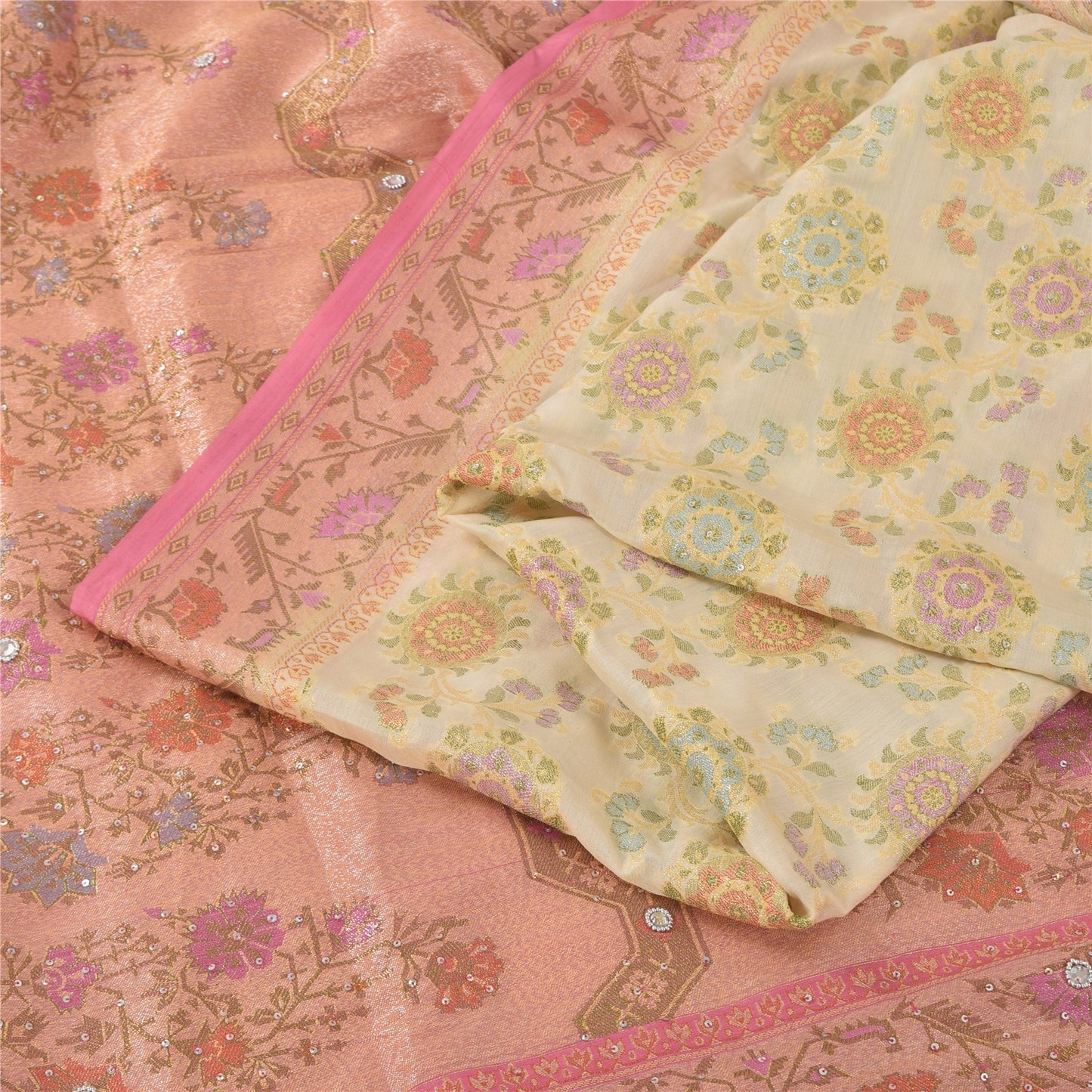 Sanskriti Vintage Sarees Cream/Pink Hand Beaded Woven Pure Silk Sari 6yd Fabric