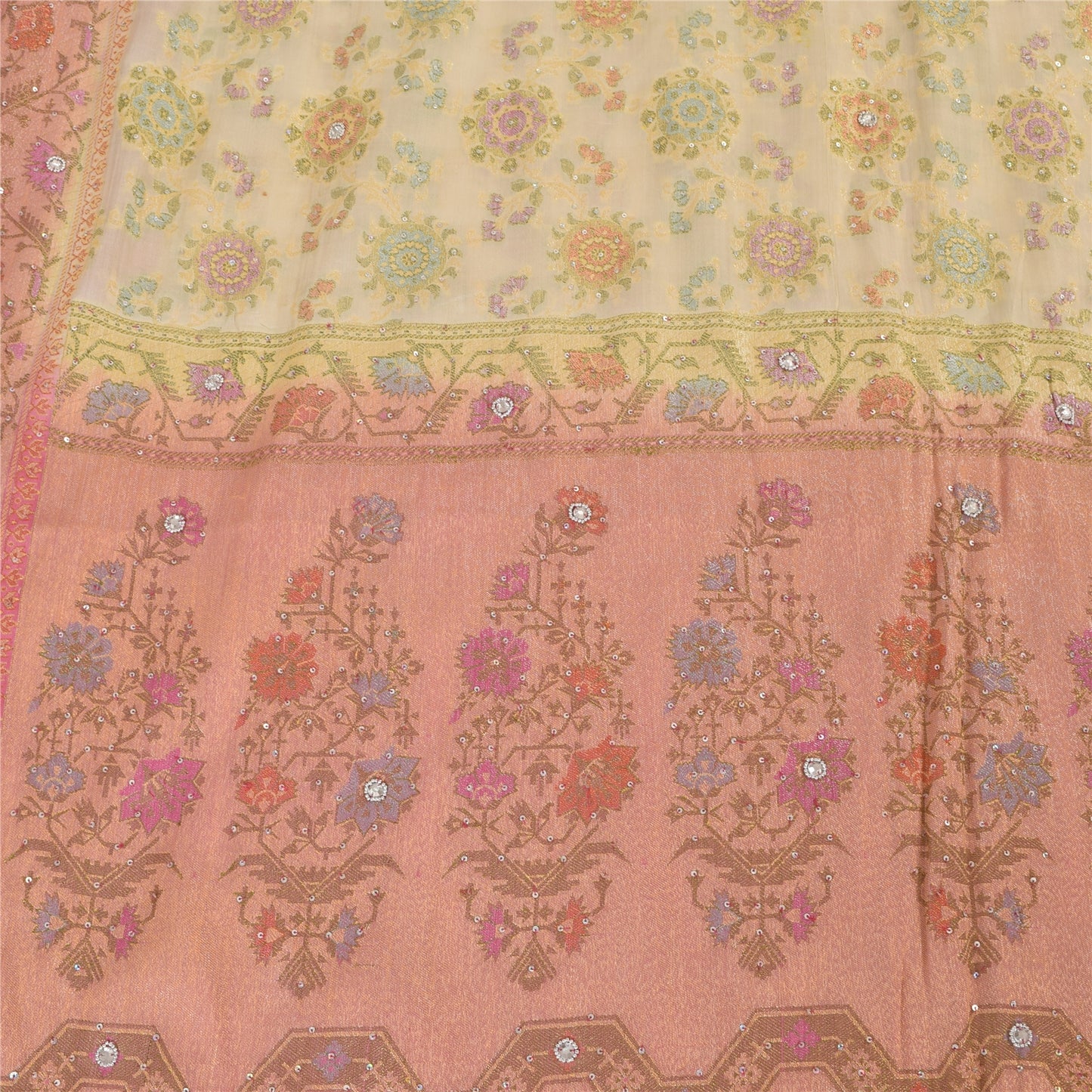 Sanskriti Vintage Sarees Cream/Pink Hand Beaded Woven Pure Silk Sari 6yd Fabric