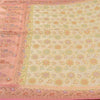 Sanskriti Vintage Sarees Cream/Pink Hand Beaded Woven Pure Silk Sari 6yd Fabric