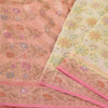 Sanskriti Vintage Sarees Cream/Pink Hand Beaded Woven Pure Silk Sari 6yd Fabric