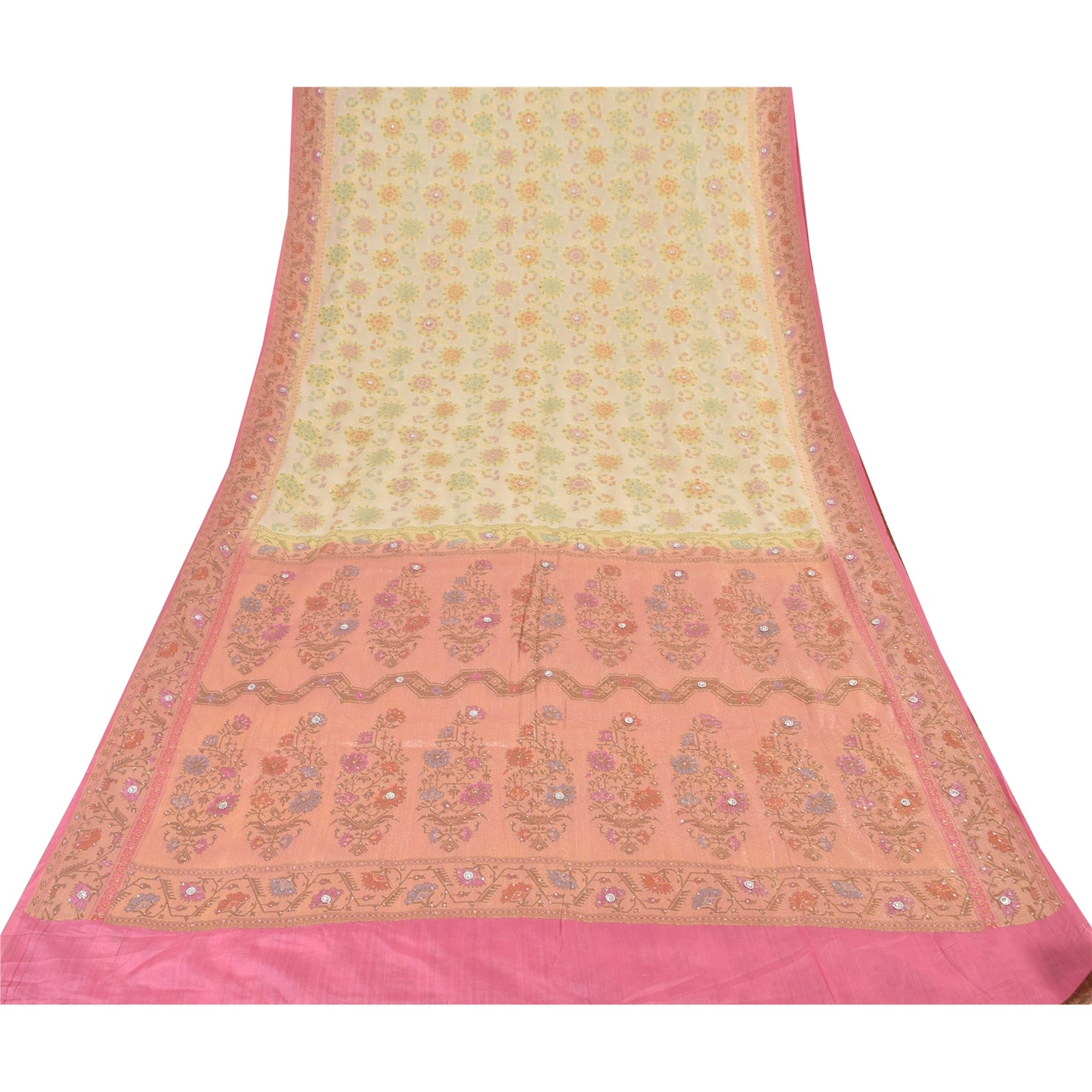 Sanskriti Vintage Sarees Cream/Pink Hand Beaded Woven Pure Silk Sari 6yd Fabric