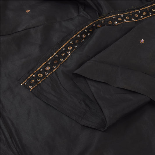 Sanskriti Vintage Sarees Indian Black Hand Beaded Pure Silk Sari Craft Fabric