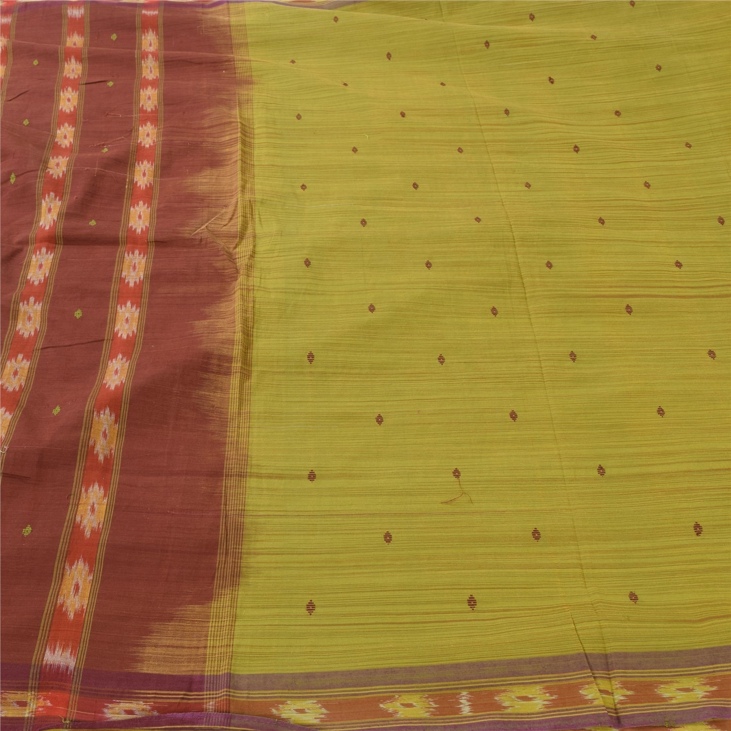 Sanskriti Vintage Sarees Green Pure Cotton Ikat Hand Woven Sari 5yd Craft Fabric