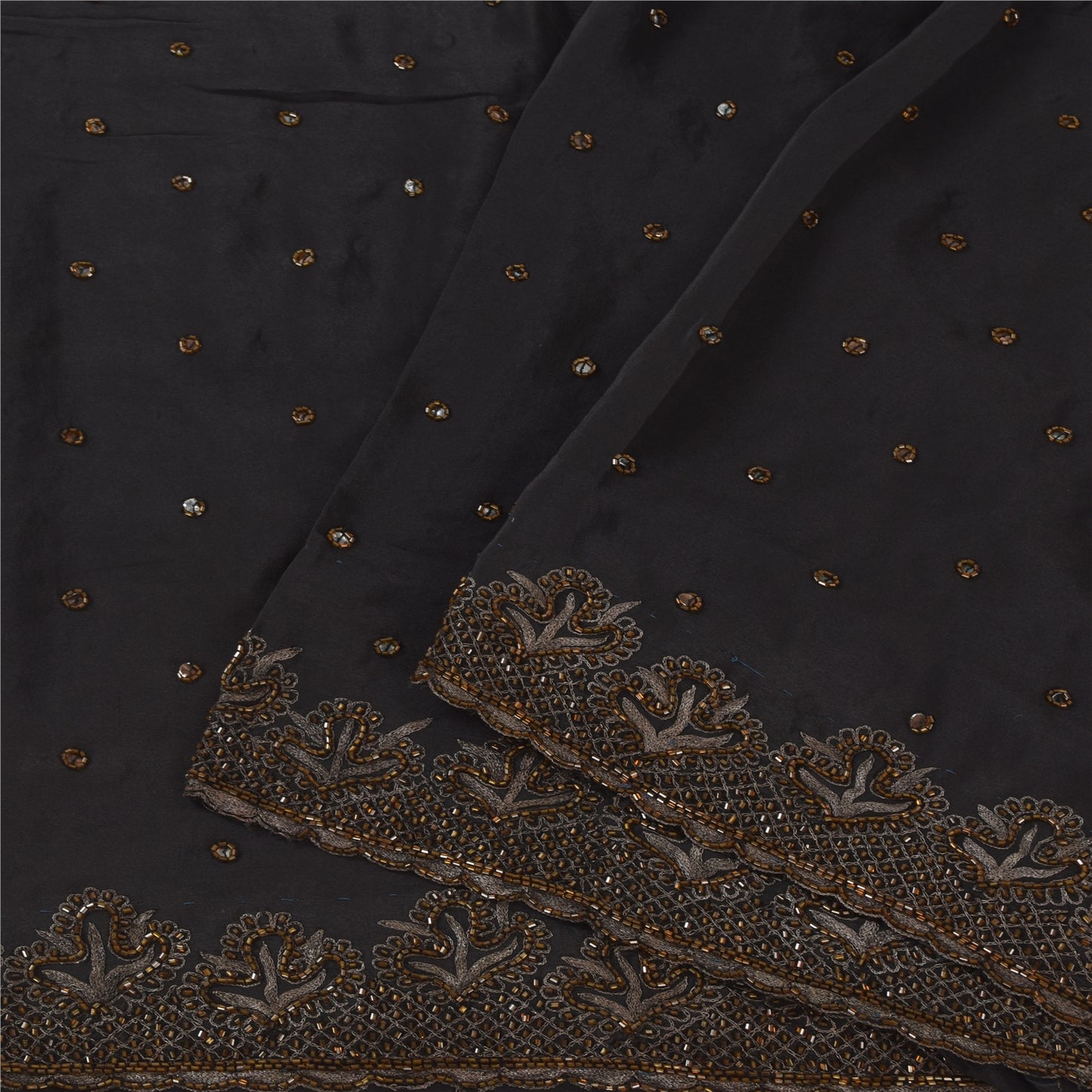 Sanskriti Vintage Sarees Black Hand Beaded Zari 100% Pure Silk Sari Craft Fabric