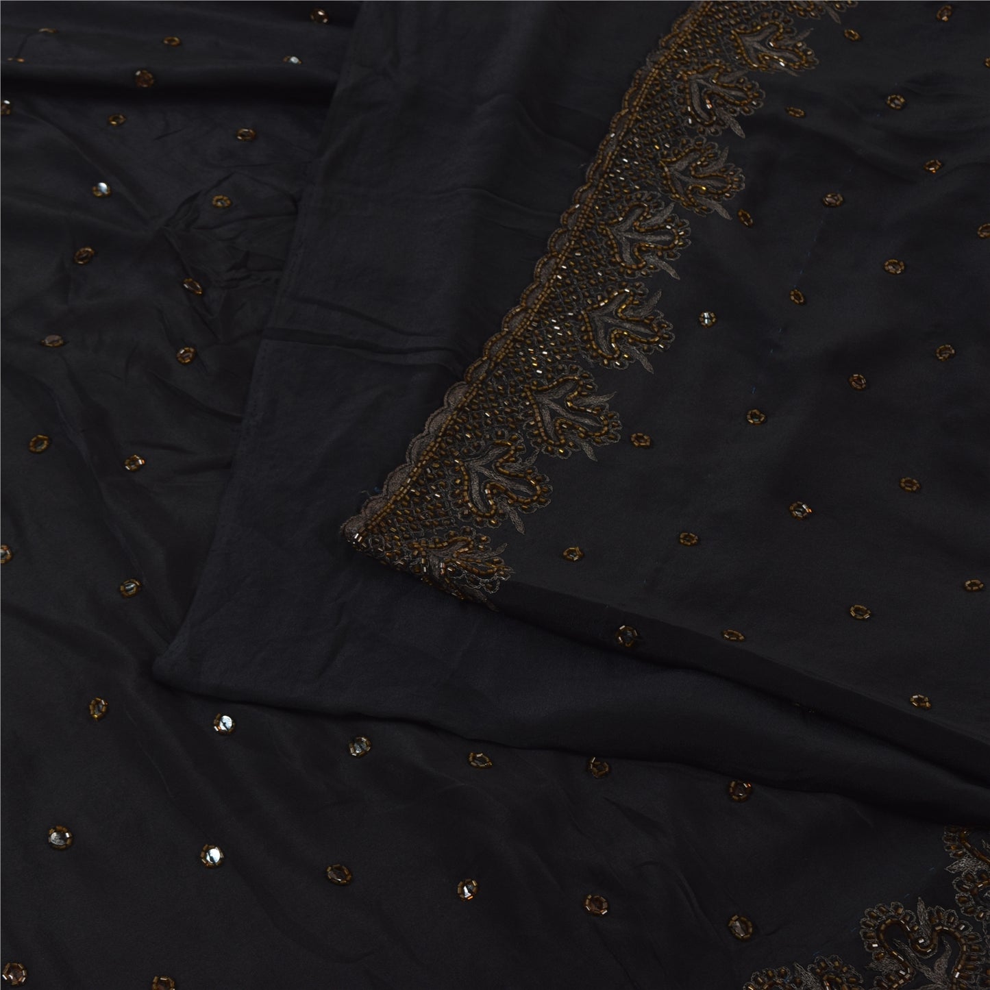 Sanskriti Vintage Sarees Black Hand Beaded Zari 100% Pure Silk Sari Craft Fabric