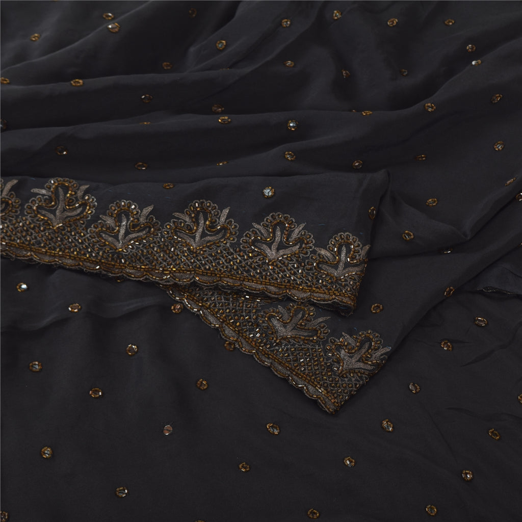 Sanskriti Vintage Sarees Black Hand Beaded Zari 100% Pure Silk Sari Craft Fabric