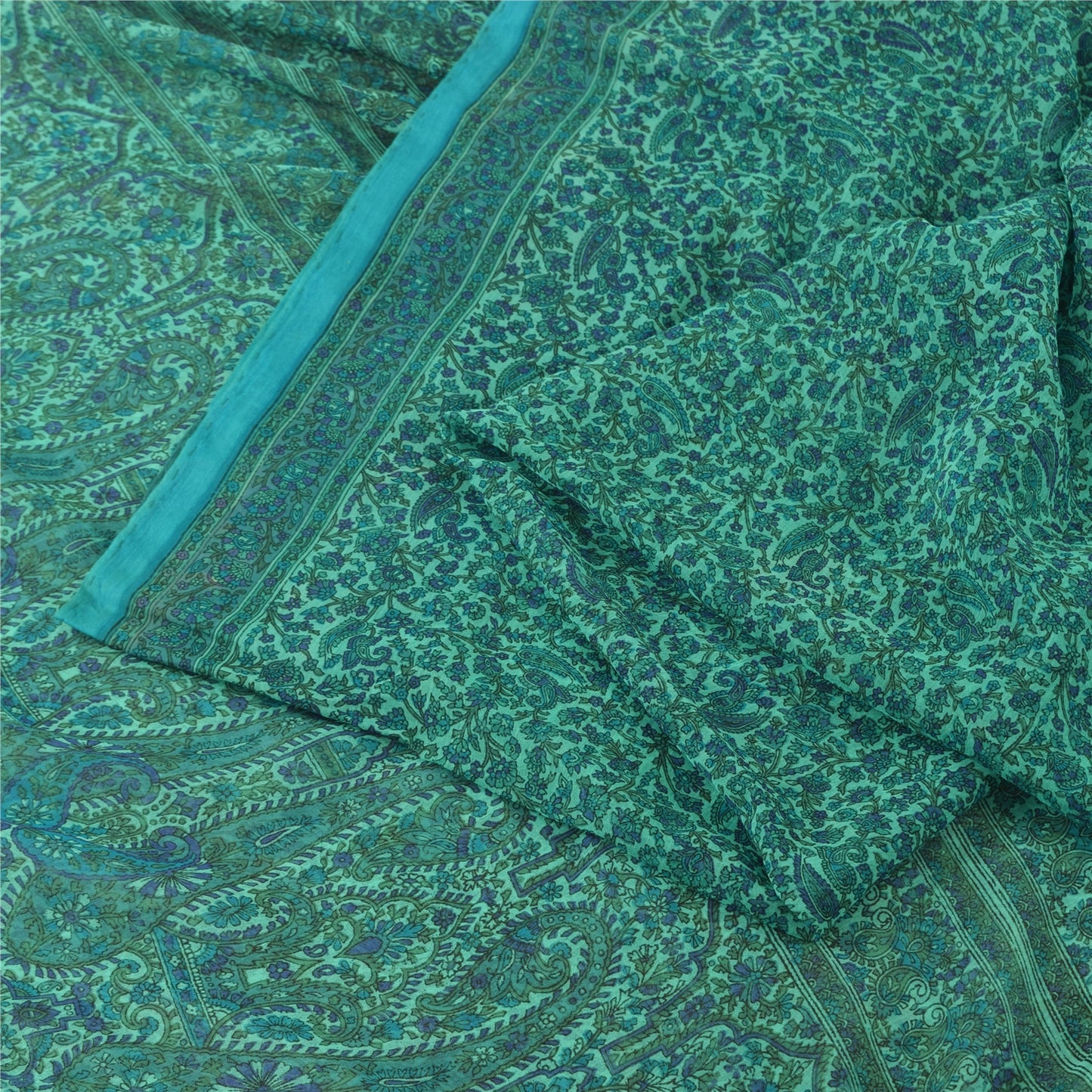 Sanskriti Vintage Sarees Indian Green Hand Block Georgette Sari 5yd Craft Fabric