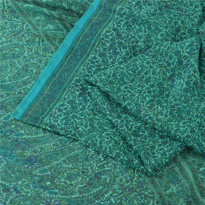 Sanskriti Vintage Sarees Indian Green Hand Block Georgette Sari 5yd Craft Fabric