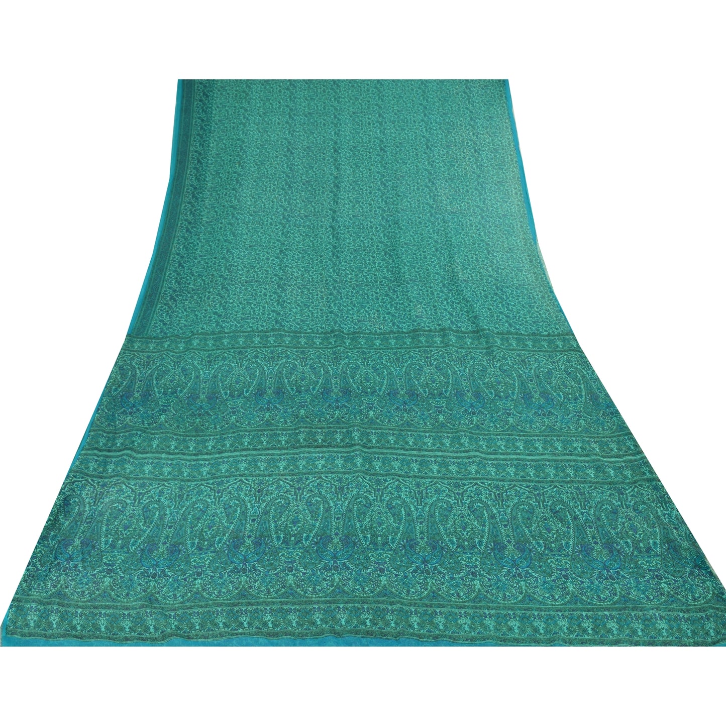 Sanskriti Vintage Sarees Indian Green Hand Block Georgette Sari 5yd Craft Fabric