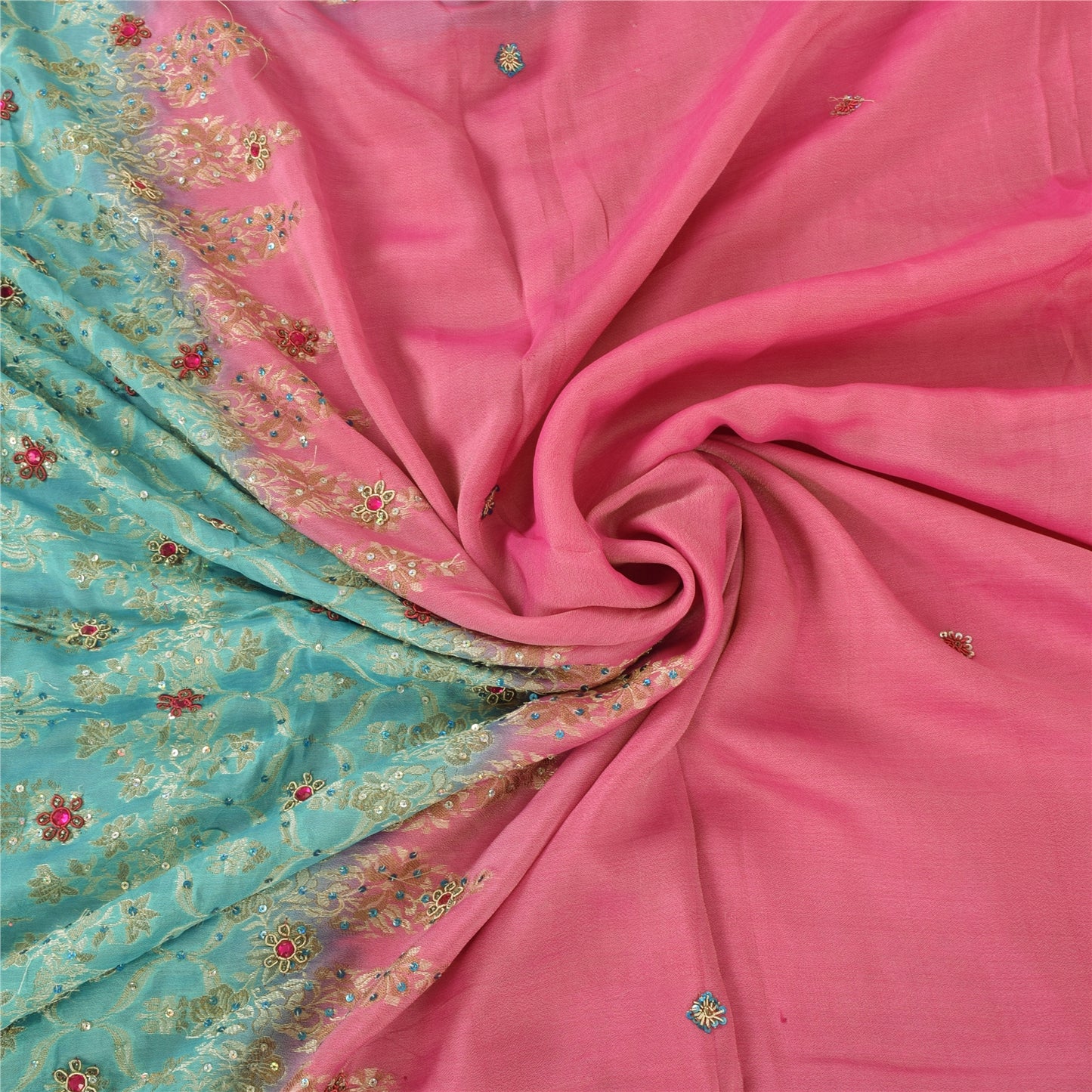 Sanskriti Vintage Sarees Pink/Blue Hand Beaded Woven Pure Silk Sari Craft Fabric