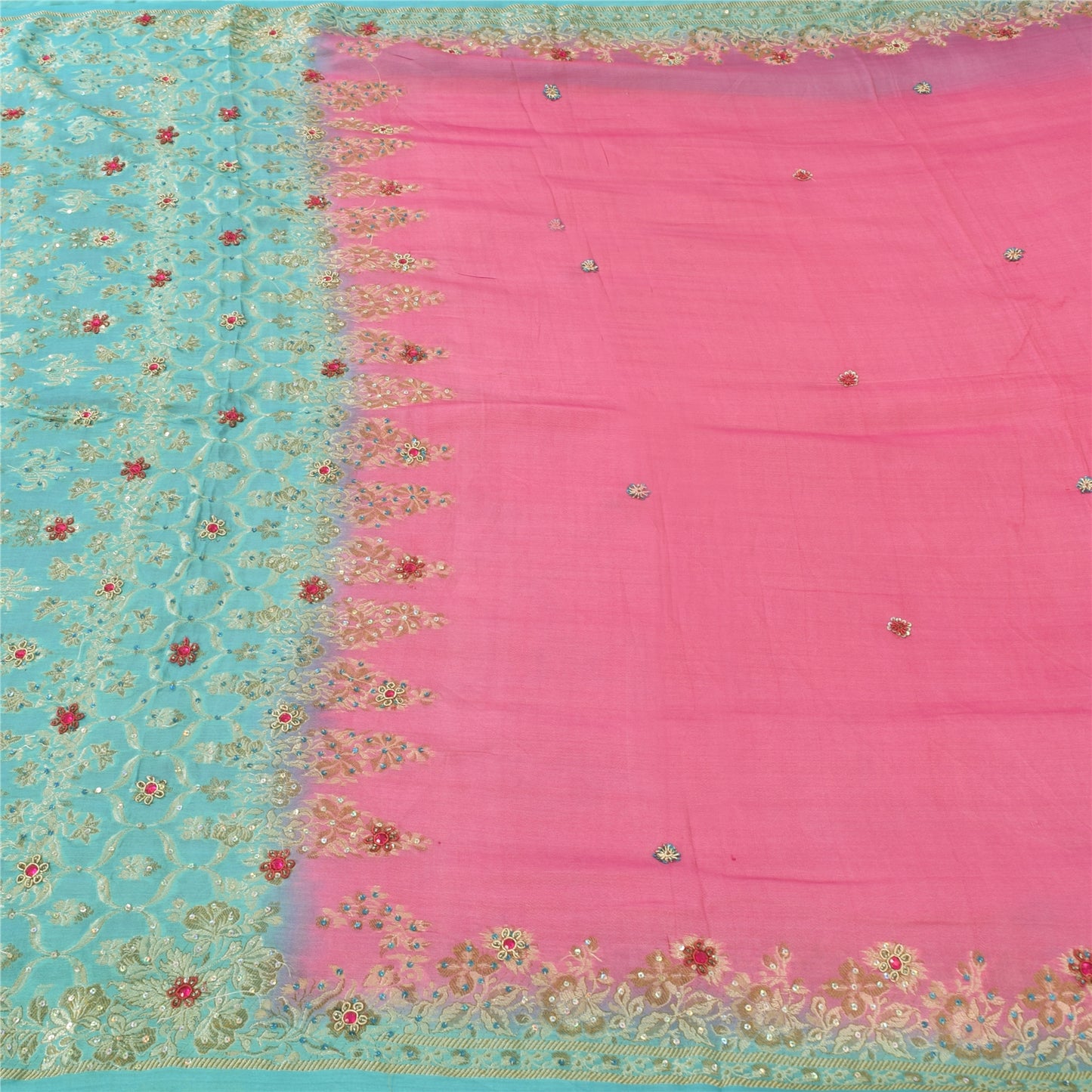 Sanskriti Vintage Sarees Pink/Blue Hand Beaded Woven Pure Silk Sari Craft Fabric