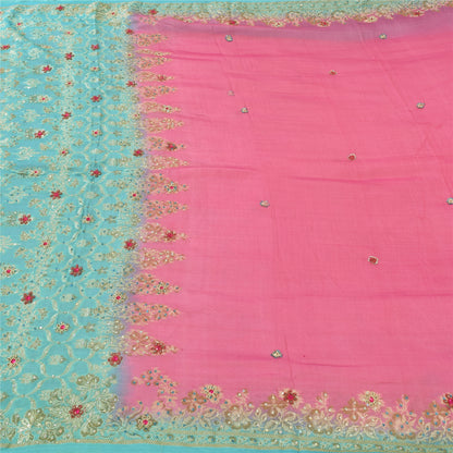 Sanskriti Vintage Sarees Pink/Blue Hand Beaded Woven Pure Silk Sari Craft Fabric