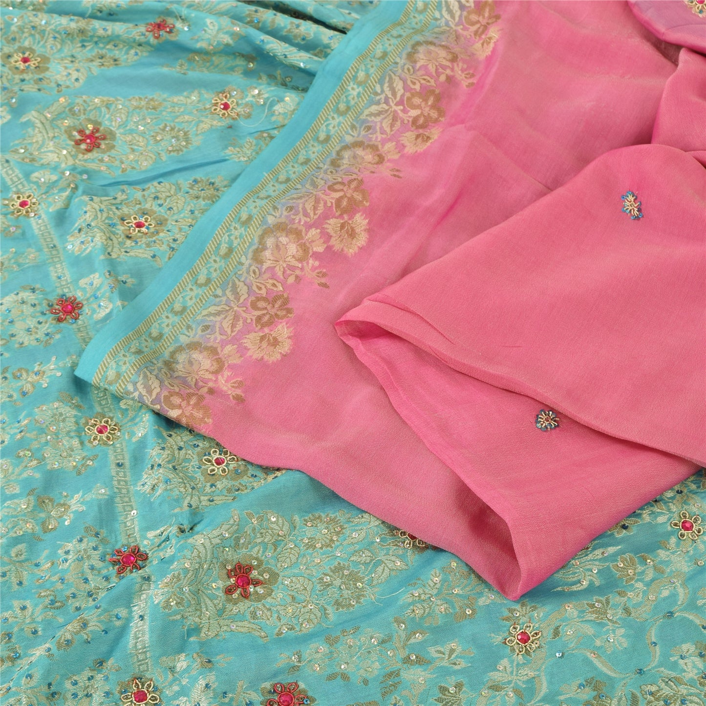 Sanskriti Vintage Sarees Pink/Blue Hand Beaded Woven Pure Silk Sari Craft Fabric