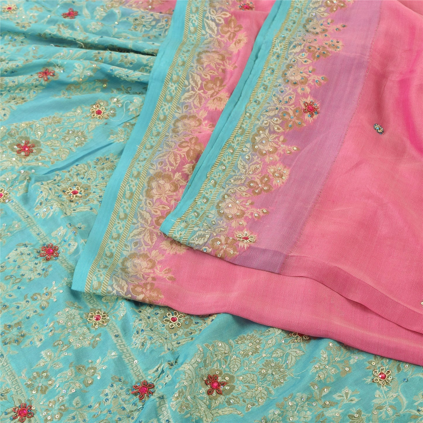 Sanskriti Vintage Sarees Pink/Blue Hand Beaded Woven Pure Silk Sari Craft Fabric