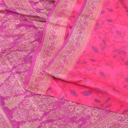 Sanskriti Vintage Sarees Pink Pure Silk Woven/Embroidered Sari 5yd Craft Fabric