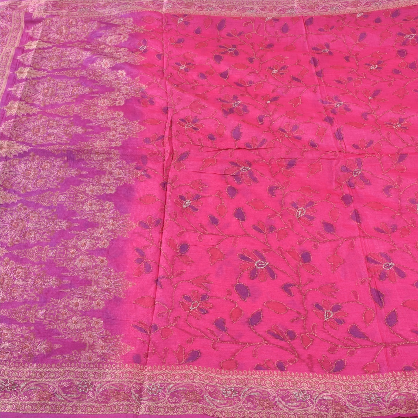 Sanskriti Vintage Sarees Pink Pure Silk Woven/Embroidered Sari 5yd Craft Fabric