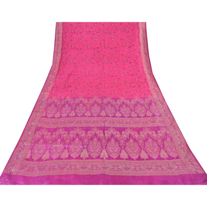 Sanskriti Vintage Sarees Pink Pure Silk Woven/Embroidered Sari 5yd Craft Fabric