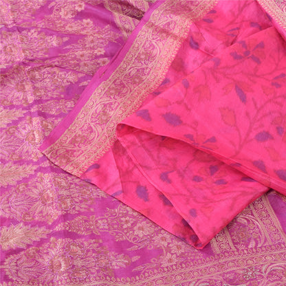 Sanskriti Vintage Sarees Pink Pure Silk Woven/Embroidered Sari 5yd Craft Fabric