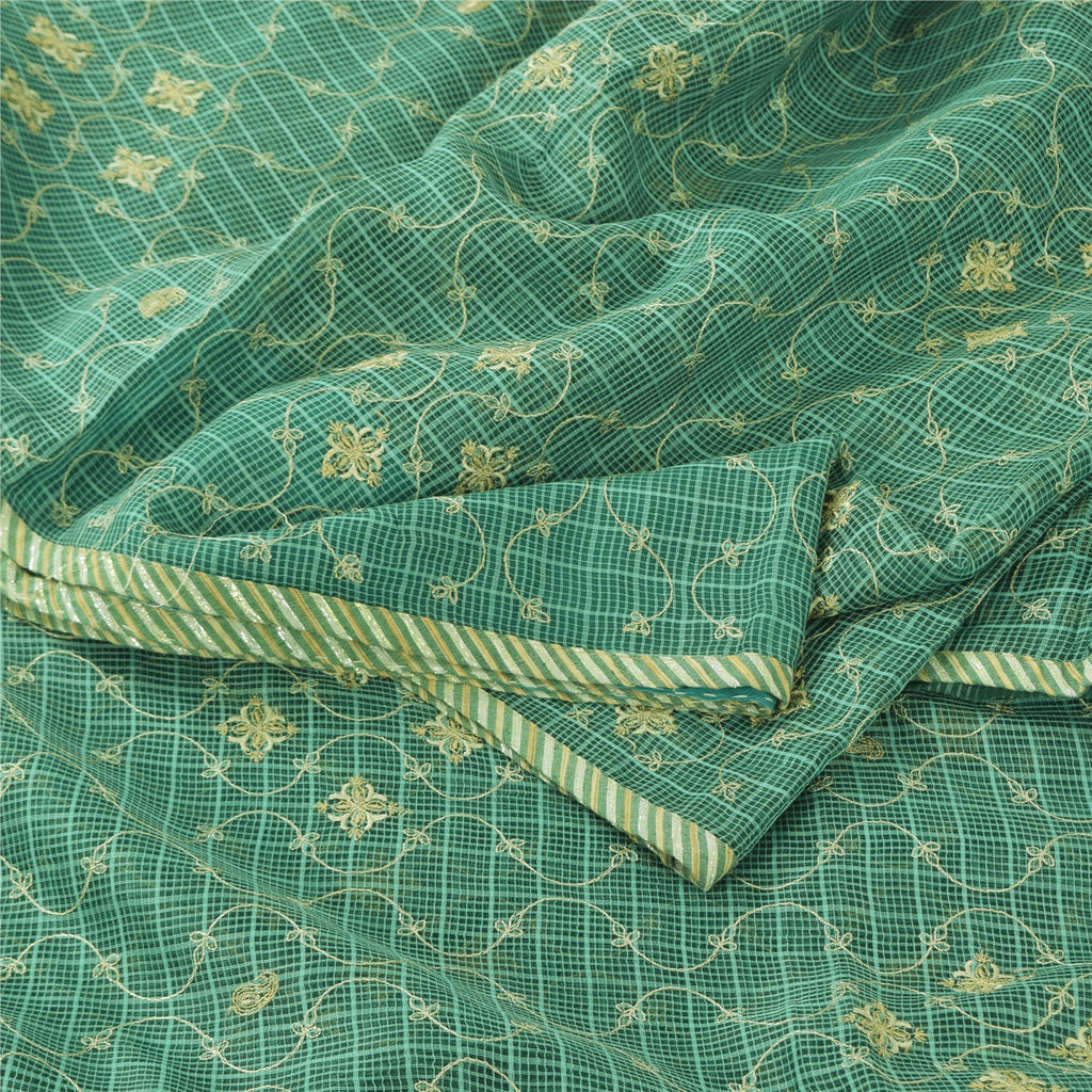 Sanskriti Vintage Sarees Green Embroidered Kota Woven Pure Cotton Sari Fabric