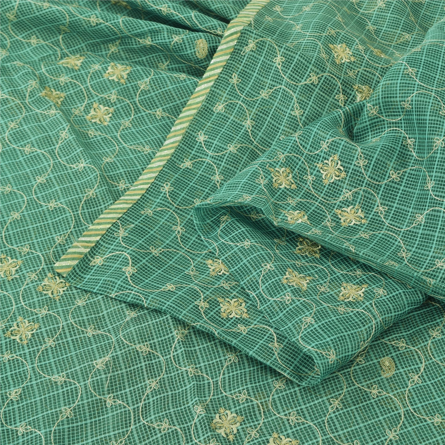 Sanskriti Vintage Sarees Green Embroidered Kota Woven Pure Cotton Sari Fabric