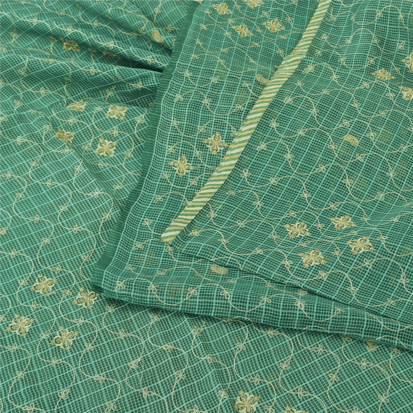 Sanskriti Vintage Sarees Green Embroidered Kota Woven Pure Cotton Sari Fabric