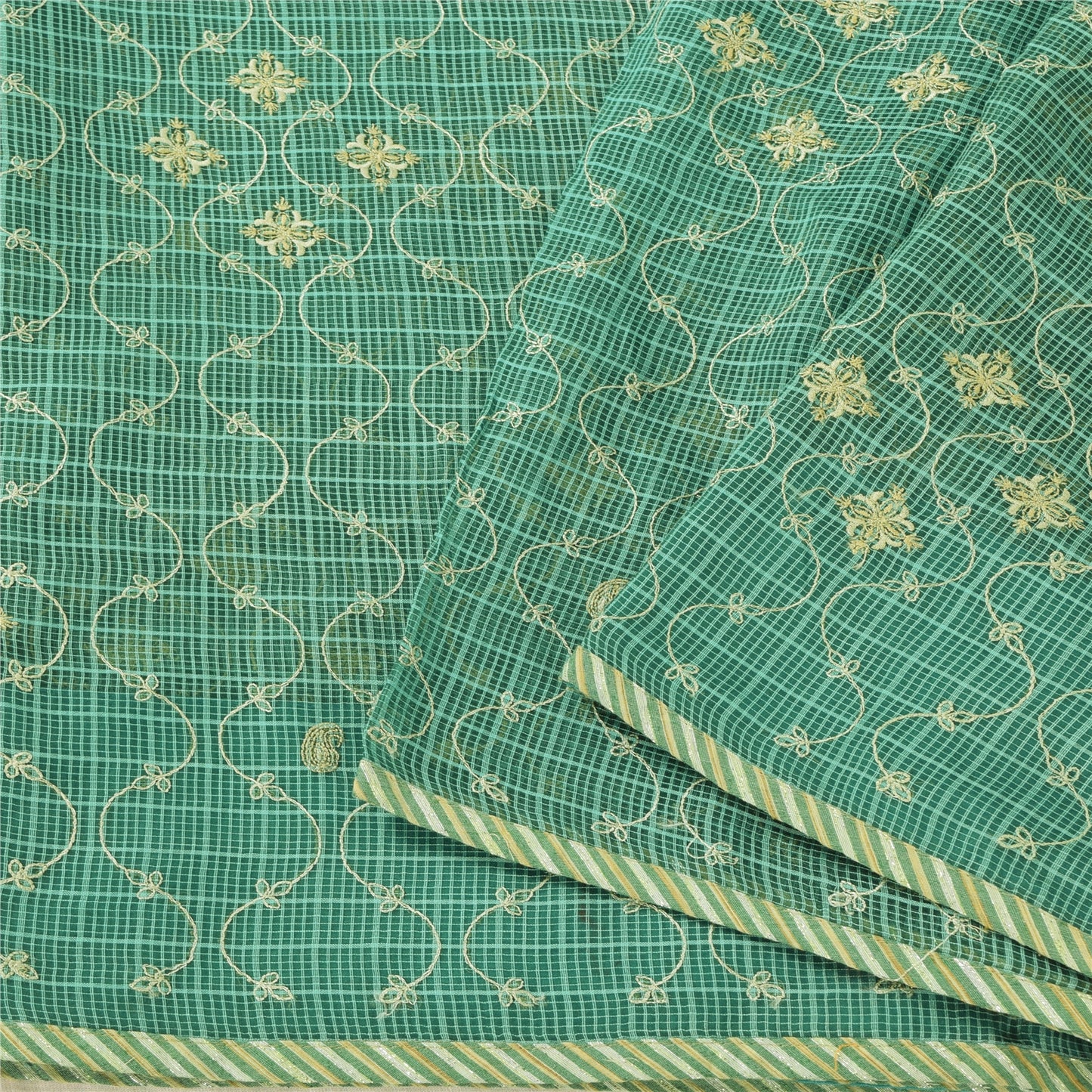 Sanskriti Vintage Sarees Green Embroidered Kota Woven Pure Cotton Sari Fabric