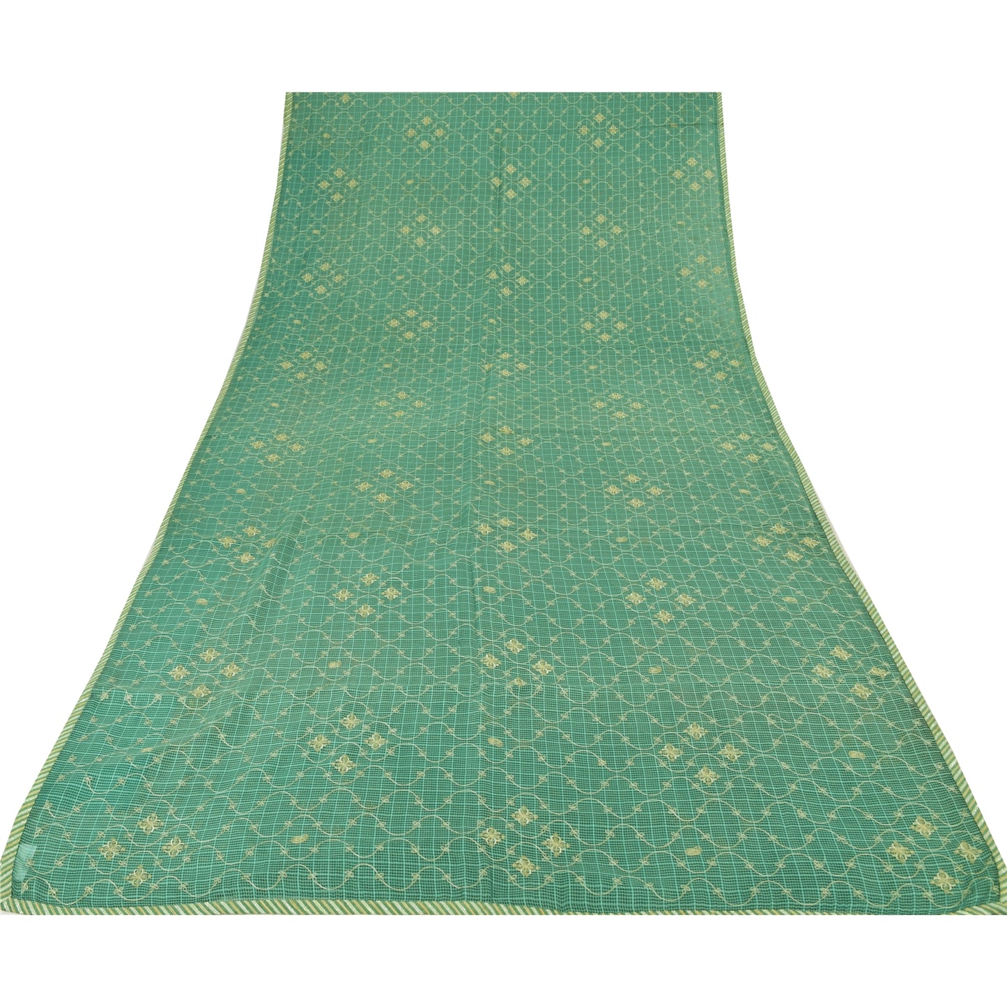 Sanskriti Vintage Sarees Green Embroidered Kota Woven Pure Cotton Sari Fabric