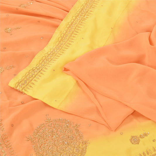 Sanskriti Vintage Sarees Orange Hand Beaded Zardozi Georgette Sari Craft Fabric