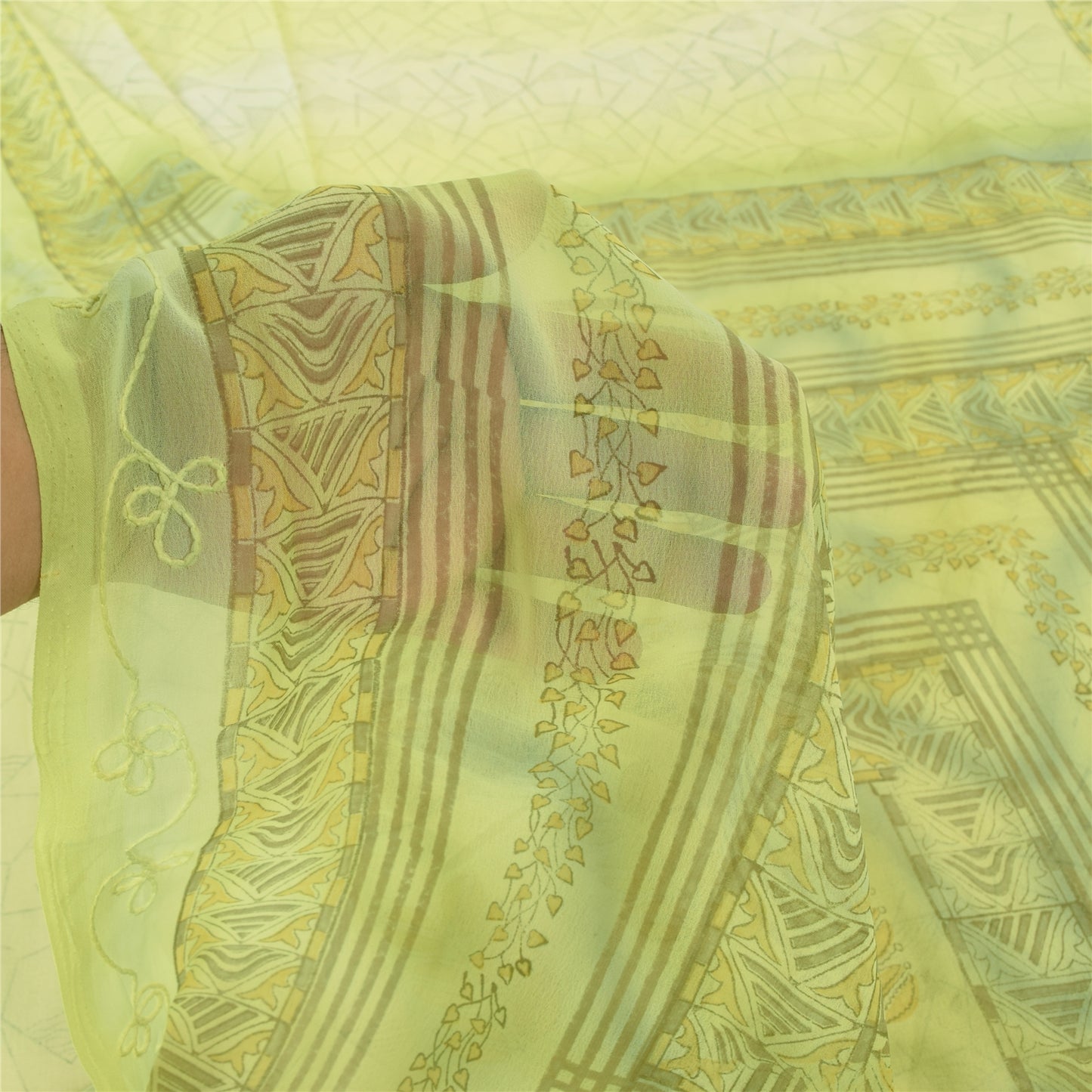 Sanskriti Vintage Sarees Indian Lemon Green Georgette Sari Soft 6yd Craft Fabric